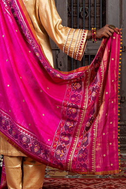 Handcrafted Pink Patola Silk Dupatta With Khat Embroidery