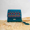 Mint triangular wave Rabari sling bag with mirror and shell handwork
