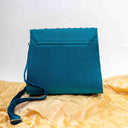 Mint Triangular Rabari Sling Bag with Mirror, Shell & Bead Handwork