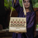 Ivory Triangular Wave Rabari Sling Bag with Mirror, Shell & Bead Handwork