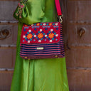 Pink Triangular Rabari Sling Bag with Mirror, Shell & Bead Handwork