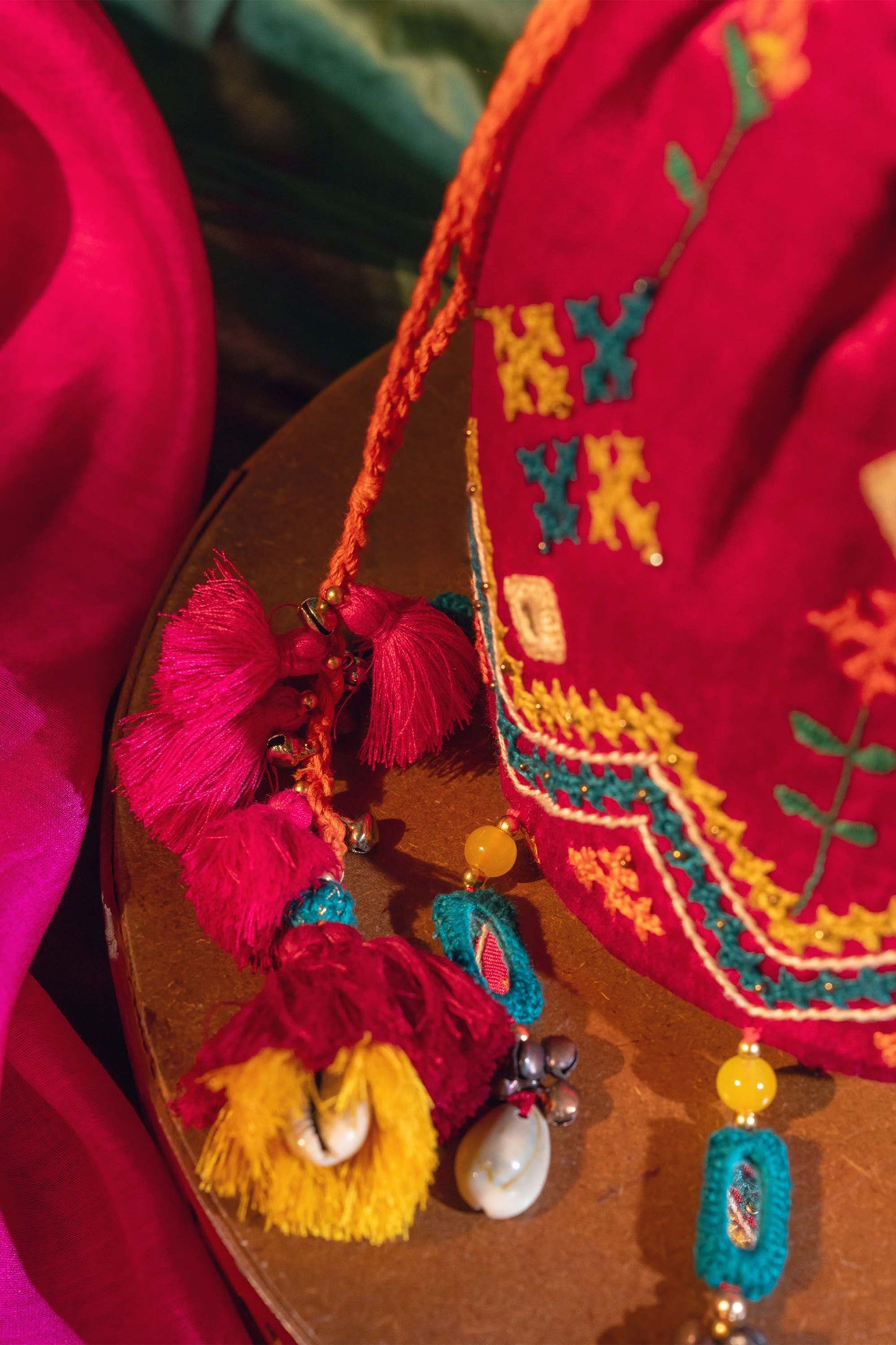 Pink Flower Rabari Ivory Potli