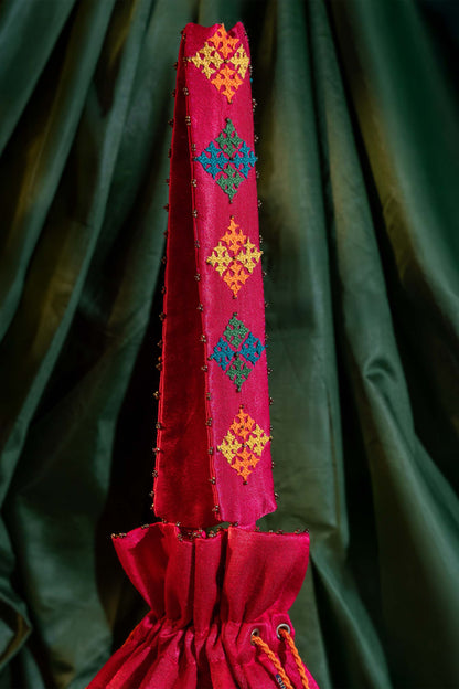 Pink Flower Rabari Ivory Potli