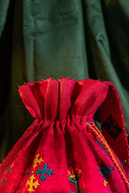 Pink Flower Rabari Ivory Potli