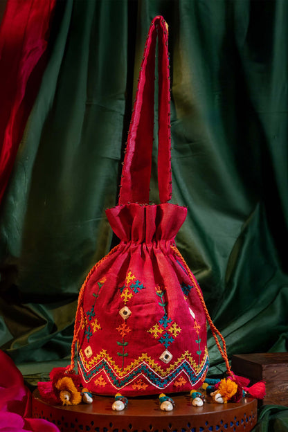 Pink Flower Rabari Ivory Potli