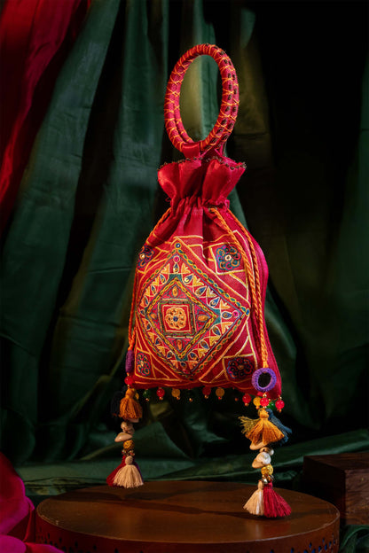 Pink Kutchi Aahir Squre Potli