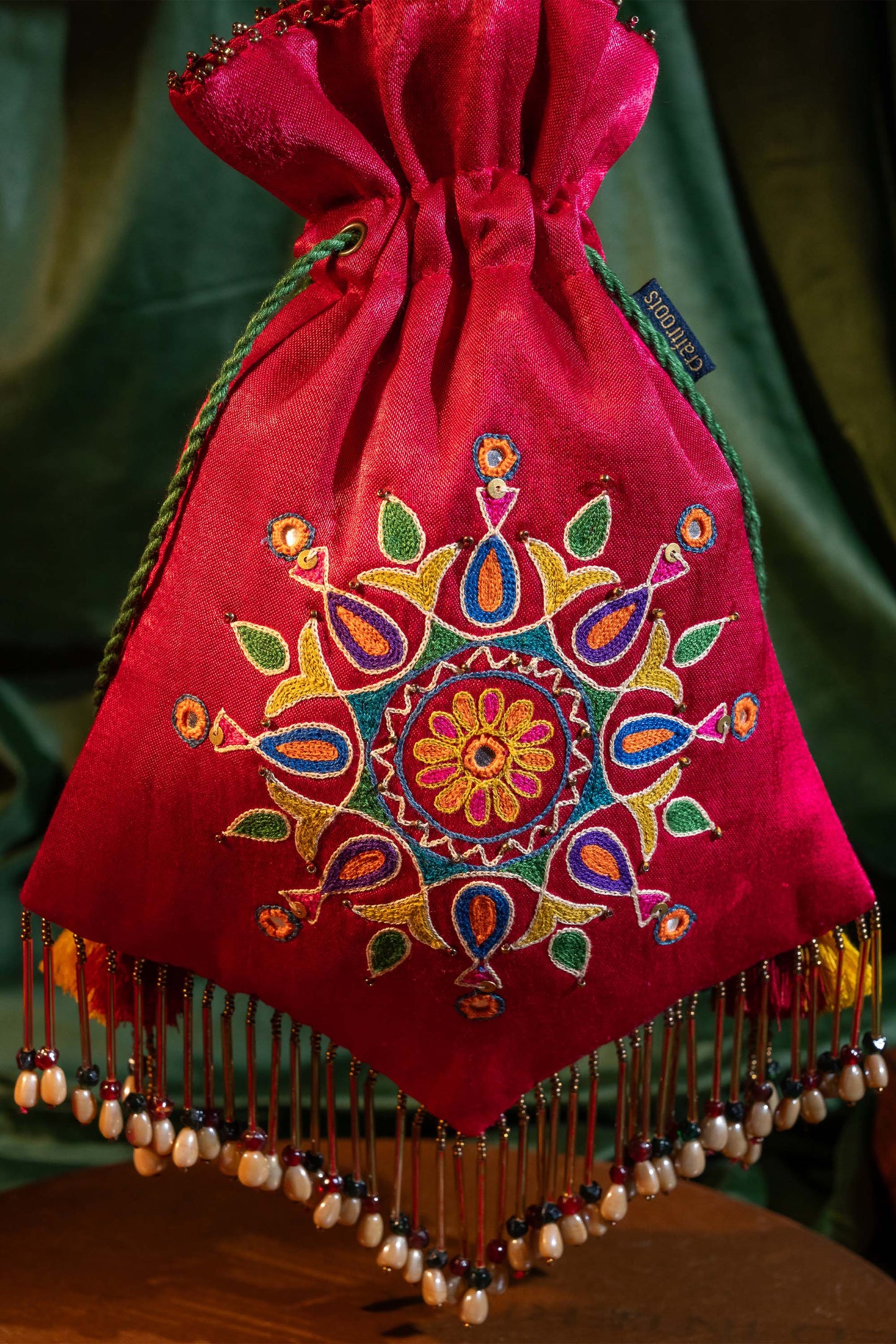 Pink Kutchi Aari Pentagon Potli