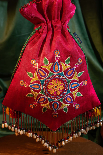 Pink Kutchi Aari Pentagon Potli