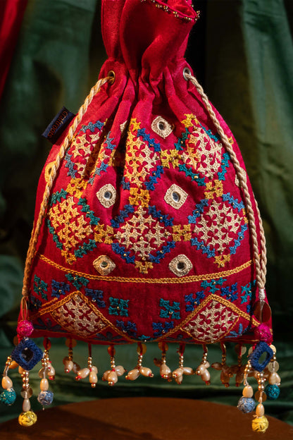 Pink Rabari Squre Flat Potli