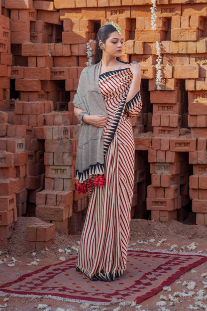 Saree With Block Print and Tassels