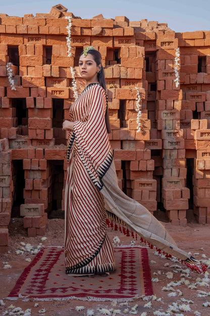Saree With Block Print and Tassels