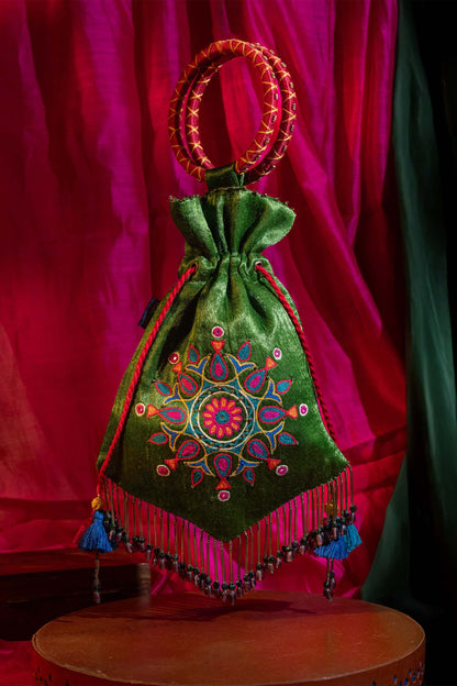 Green Kutchi Aari Pentagon Potli