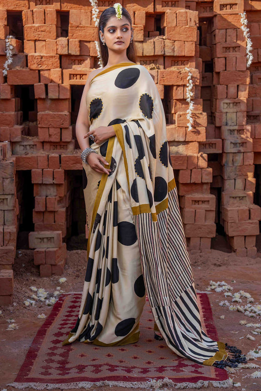 Polka Dots Block Printed Modal Silk Saree