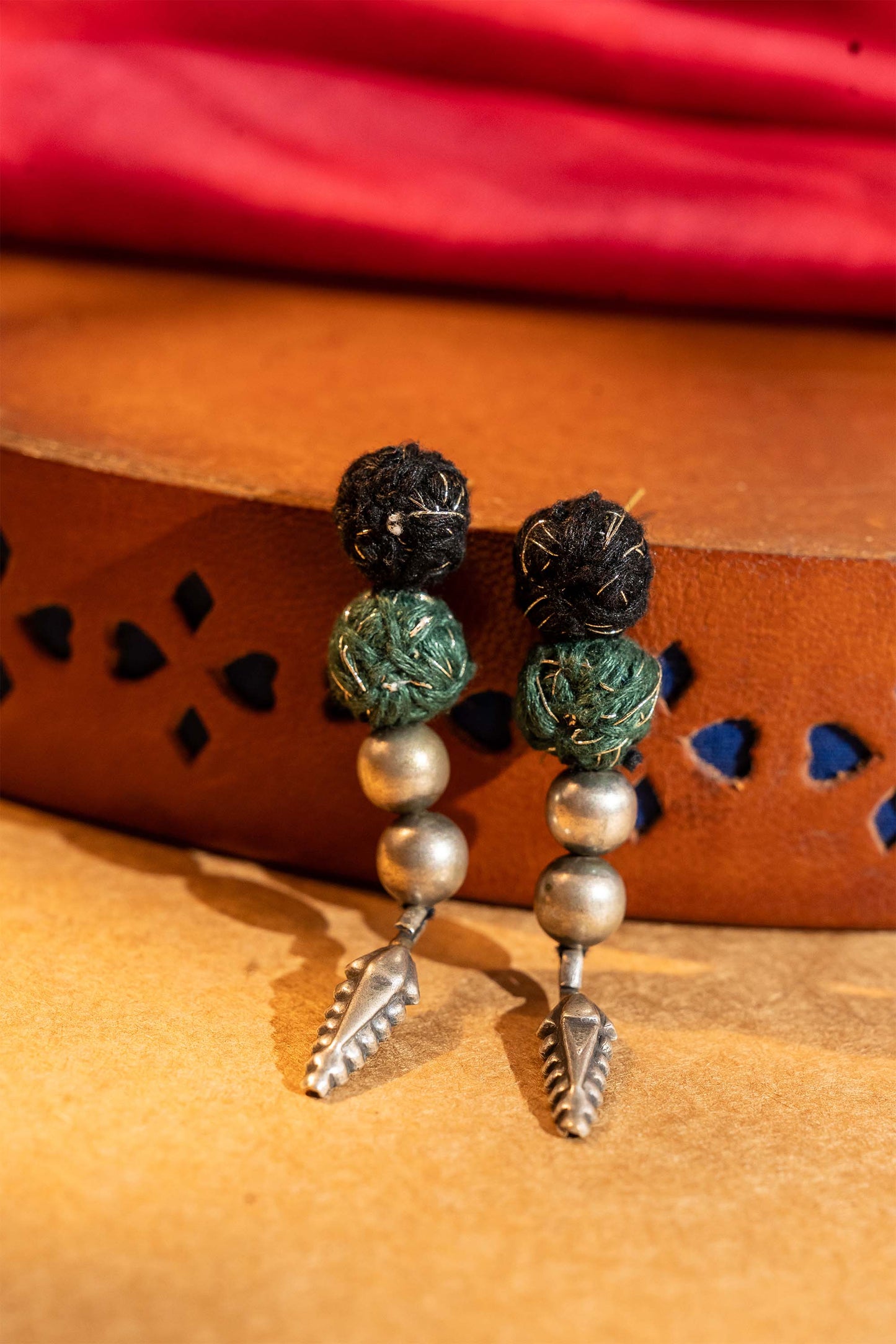 Black Thread Ball and Leaf Drop Earrings