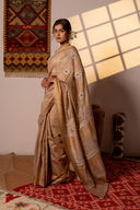 Festive Ivory Tussar Silk Saree With Handcrafted Appliqué and Floral Embroidery