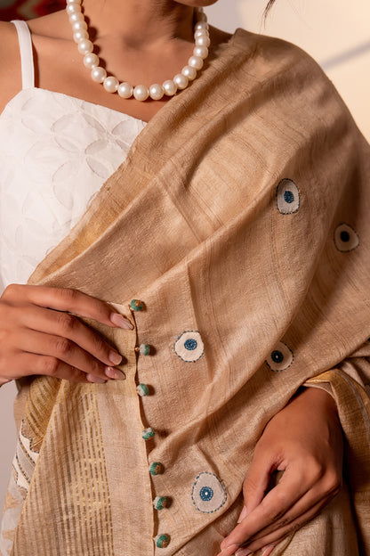 Festive Ivory Tussar Silk Saree With Handcrafted Appliqué and Floral Embroidery