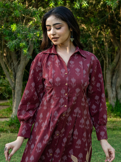 Front Open Shirt Dress - Brown