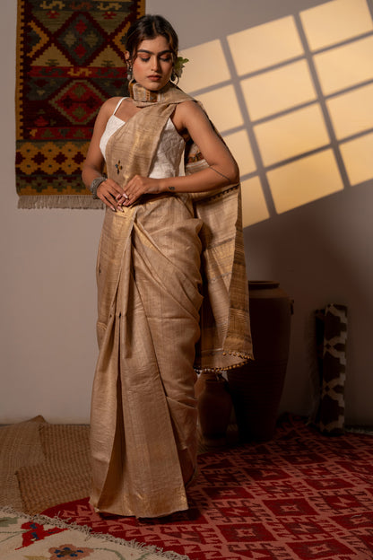 Artisanal Ivory Tussar Silk Saree With Subtle Appliqué Work