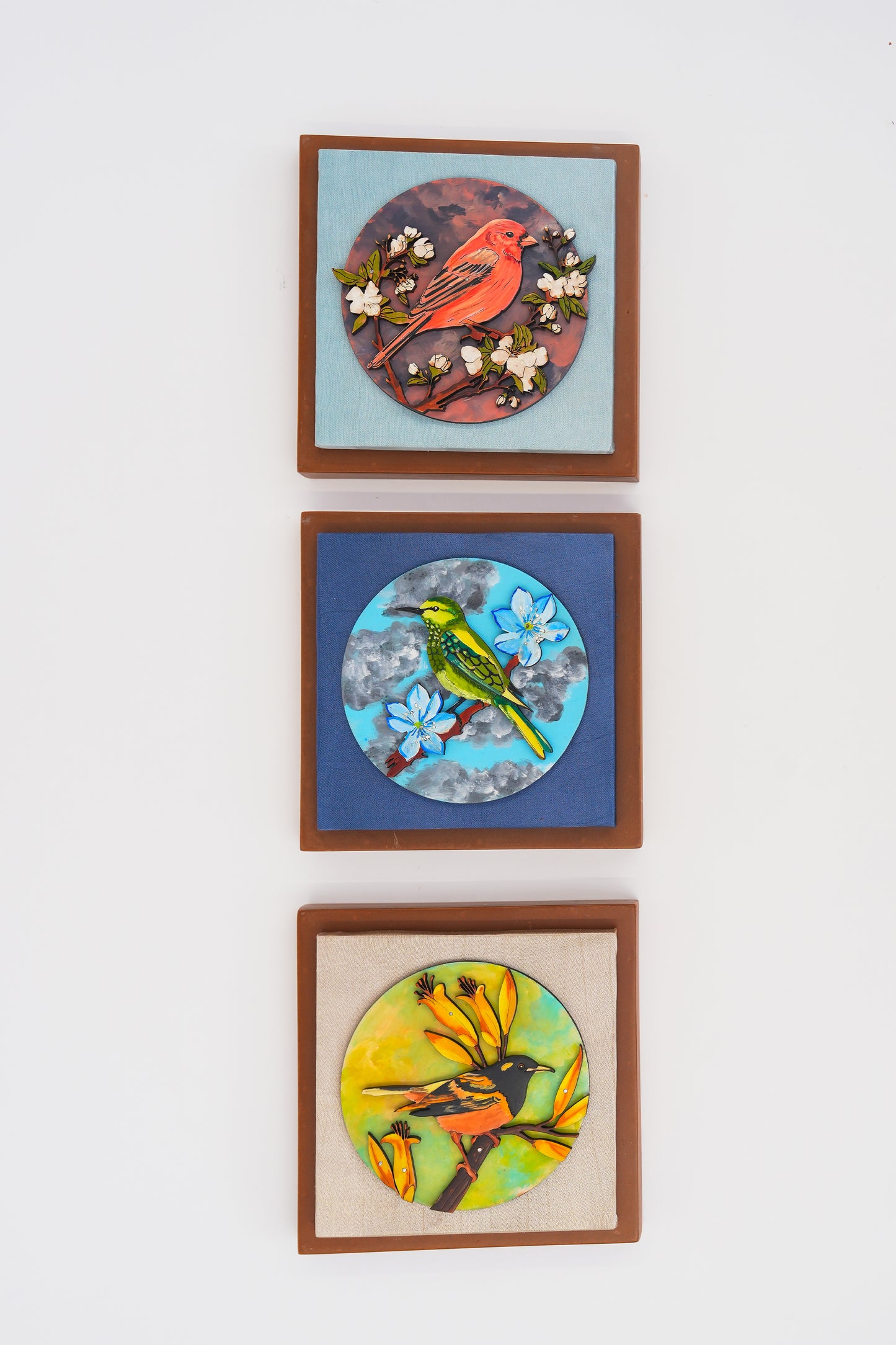Set of 3 Small Wall Frames 7x7 | Crimson Blossom, Blue Bloom & Golden Perch Combo