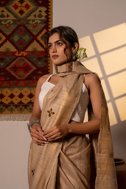Artisanal Ivory Tussar Silk Saree With Subtle Appliqué Work