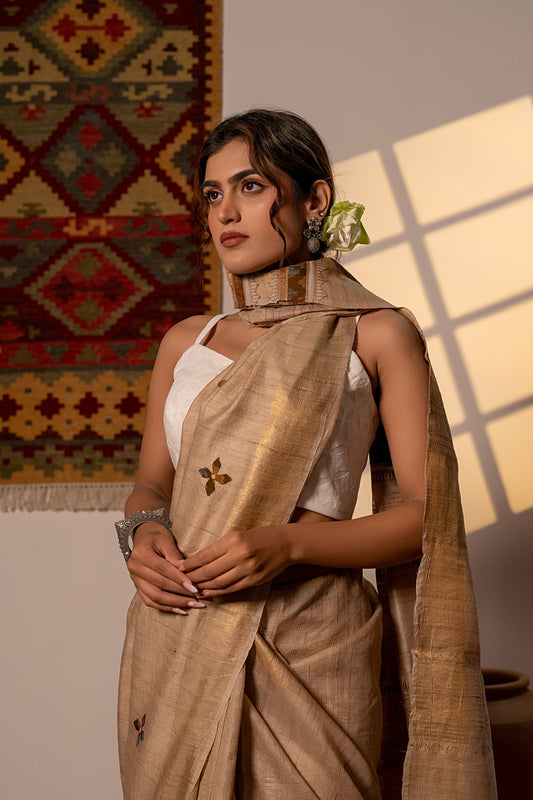 Artisanal Ivory Tussar Silk Saree With Subtle Appliqué Work