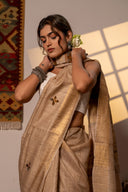 Artisanal Ivory Tussar Silk Saree With Subtle Appliqué Work
