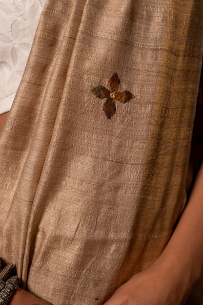 Artisanal Ivory Tussar Silk Saree With Subtle Appliqué Work