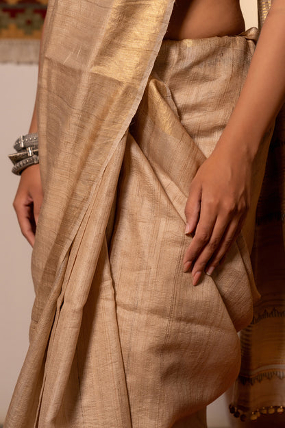 Artisanal Ivory Tussar Silk Saree With Subtle Appliqué Work