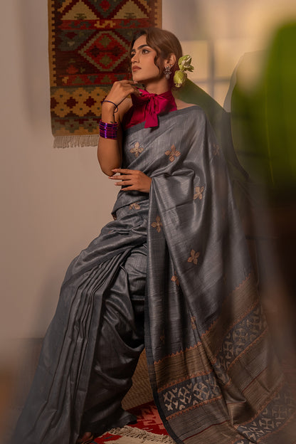 Exclusive Dark Grey Tussar Silk Saree With Handcrafted Appliqué Motifs