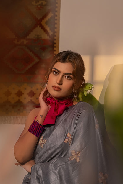Exclusive Dark Grey Tussar Silk Saree With Handcrafted Appliqué Motifs
