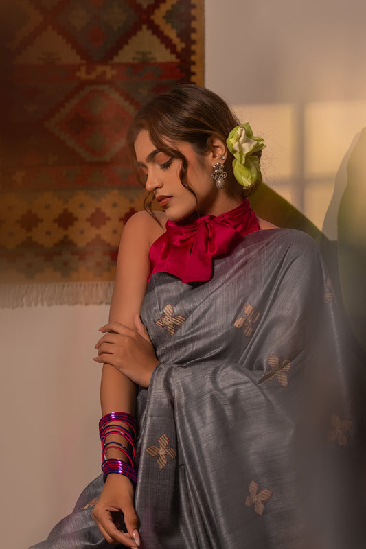 Exclusive Dark Grey Tussar Silk Saree With Handcrafted Appliqué Motifs