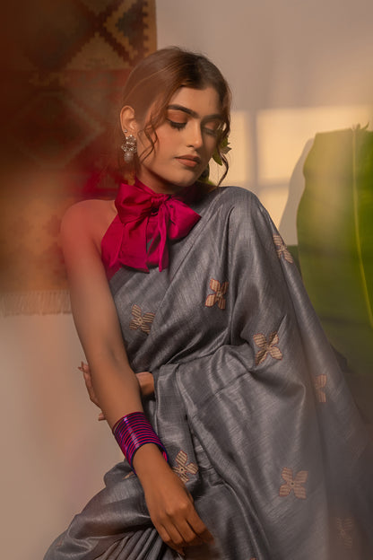 Exclusive Dark Grey Tussar Silk Saree With Handcrafted Appliqué Motifs