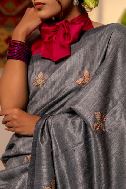 Exclusive Dark Grey Tussar Silk Saree With Handcrafted Appliqué Motifs