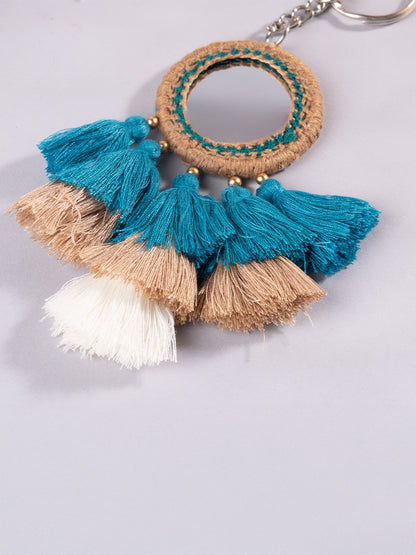Round Ivory Mirror and Sky Blue Tassels Keychain