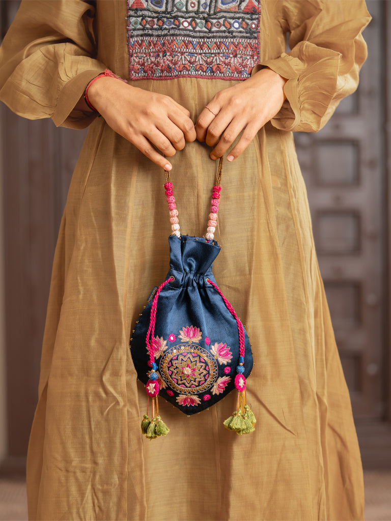 Blue Lotus Mandala Potli Bag