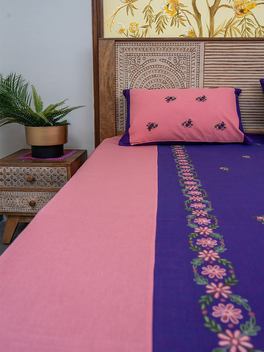 Purple Peach Phool Patti Aari Bedsheet Set