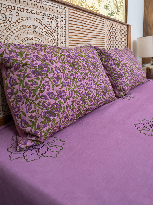 Purple Block Print Cotton Bedsheet Set