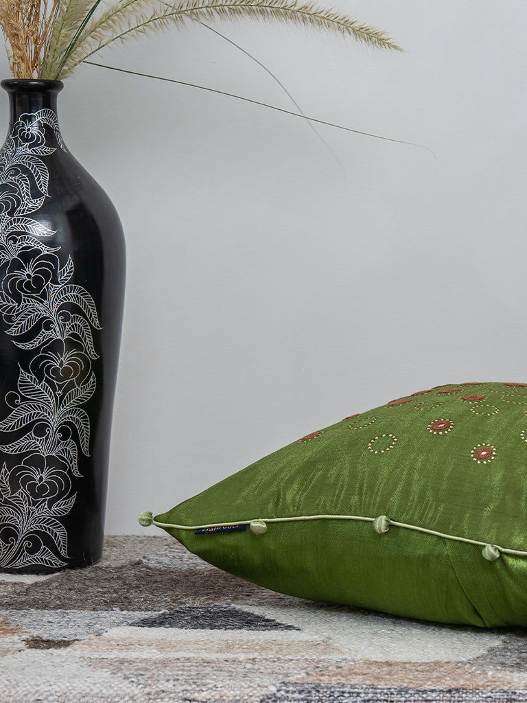 Pista Green Heritage Cushion – Gaji Silk with Badla & Mirror Detailing