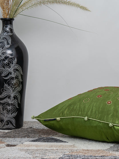 Pista Green Heritage Cushion – Gaji Silk with Badla & Mirror Detailing