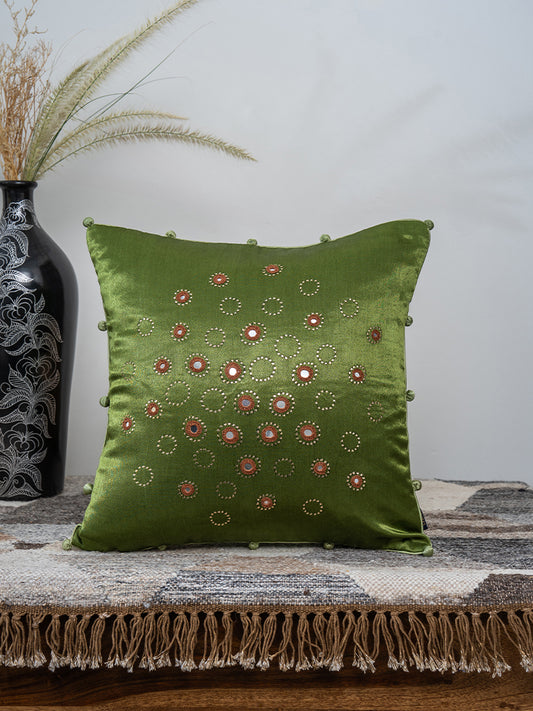 Pista Green Heritage Cushion – Gaji Silk with Badla & Mirror Detailing