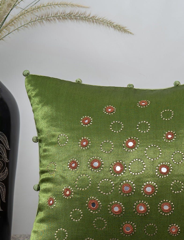 Pista Green Heritage Cushion – Gaji Silk with Badla & Mirror Detailing