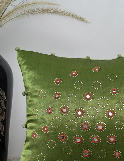 Pista Green Heritage Cushion – Gaji Silk with Badla & Mirror Detailing