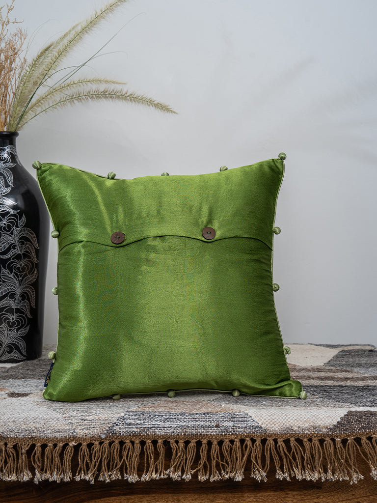 Pista Green Heritage Cushion – Gaji Silk with Badla & Mirror Detailing