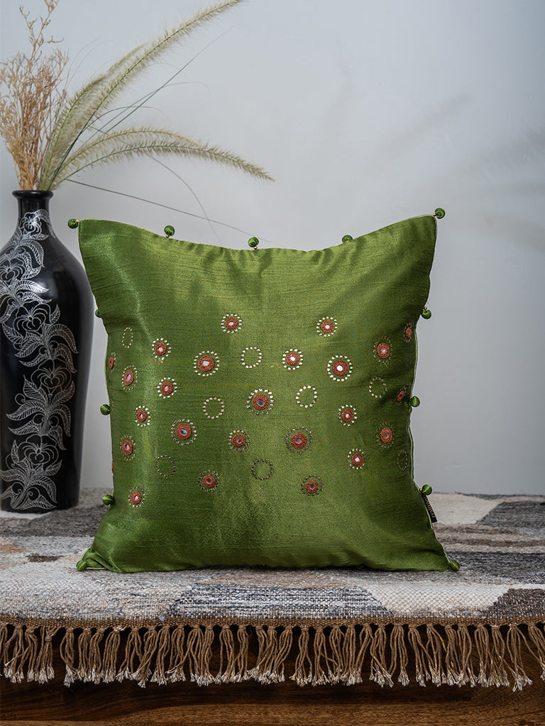 Handmade Green Cushion – Gaji Silk with Traditional Badla & Mirror Embroidery