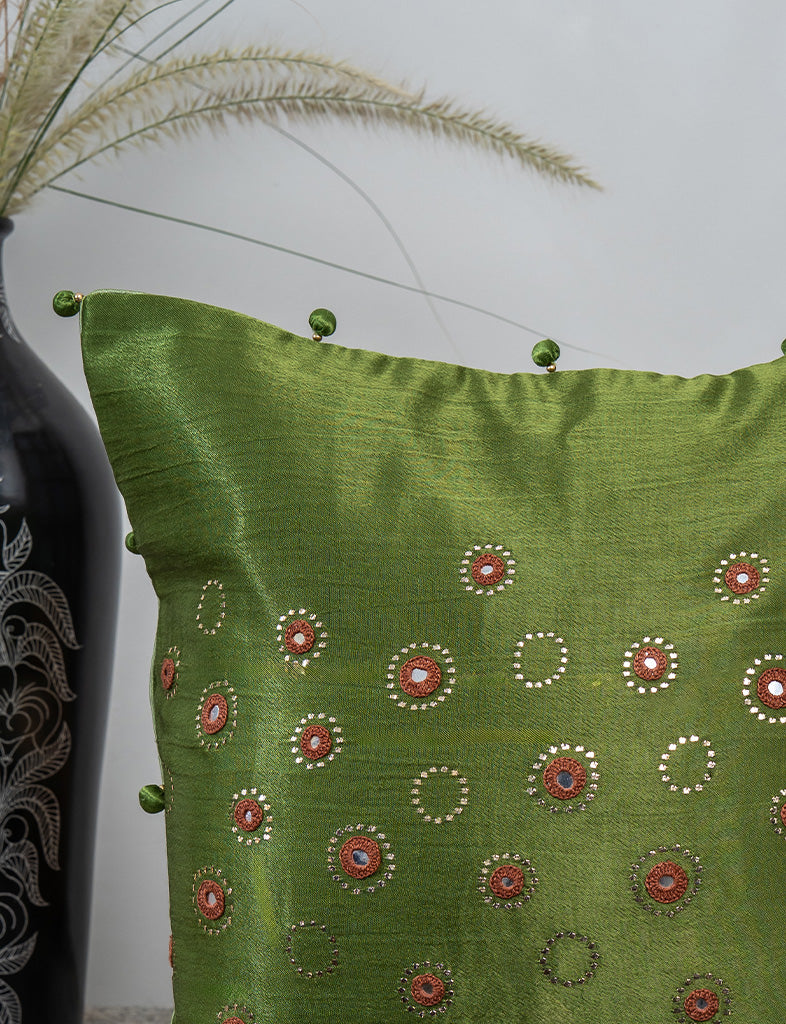 Handmade Green Cushion – Gaji Silk with Traditional Badla & Mirror Embroidery