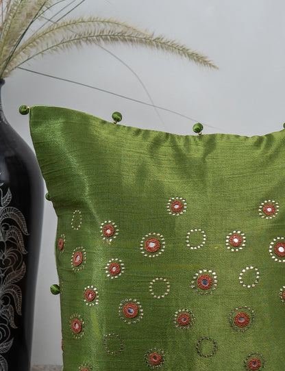Handmade Green Cushion – Gaji Silk with Traditional Badla & Mirror Embroidery