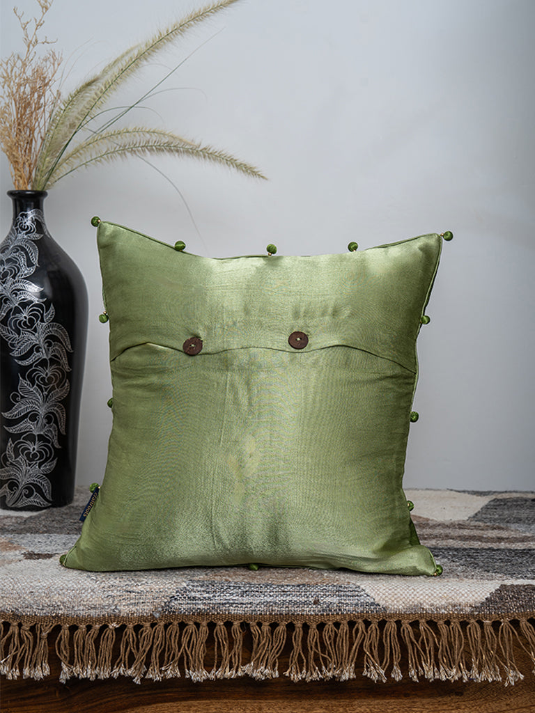 Handmade Green Cushion – Gaji Silk with Traditional Badla & Mirror Embroidery