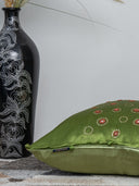 Handmade Green Cushion – Gaji Silk with Traditional Badla & Mirror Embroidery