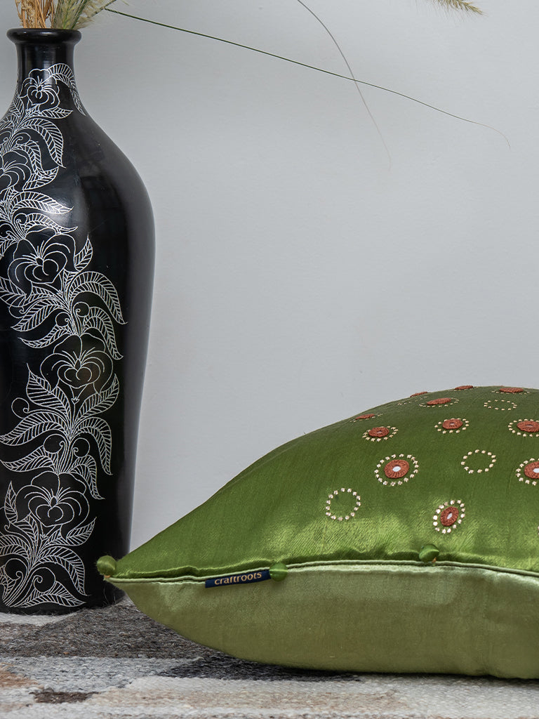 Handmade Green Cushion – Gaji Silk with Traditional Badla & Mirror Embroidery