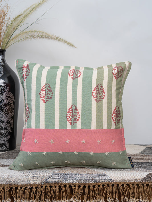Block Printed Peach & Mint Daisy Cushion Cover